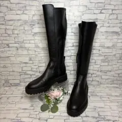 極美品 24.5 ザラ 厚底 トラックソール サイドジップ ロングブーツ 黒