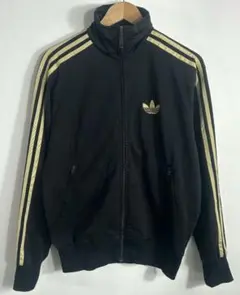 adidas トラックジャケット 黒金 3ライン 刺繍ロゴ S ジャージ