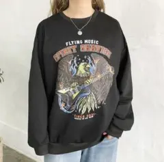 SHEENA ロックプリントトレーナー L ブラック