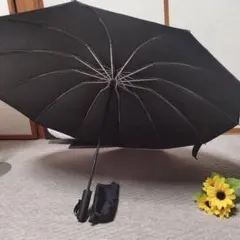 ワンタッチ式黒い折りたたみ傘 収納ケース付き