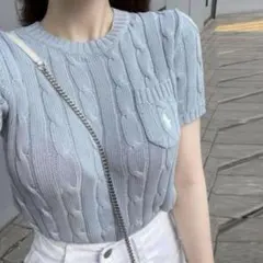 美品　Ralph Lauren 半袖ケーブルニット　ライトブルー　水色　Sサイズ