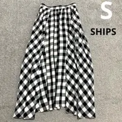 SHIPS ギンガムチェック　ギャザースカート　S フレアスカート　白黒