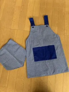 エプロン　110cm 子供　キッズ　青　チェック　子供用エプロン　三角巾