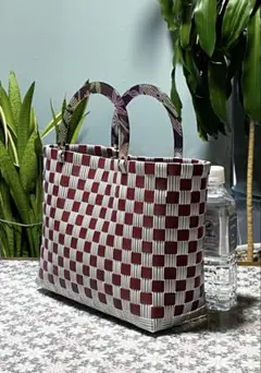 プラカゴバッグ　良質ppバンド　深紅×グレーストライプ