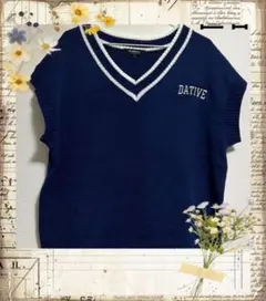 ⑥【レディースLサイズ】ベストニットベスト無地ワンポイントブルー青大きめ