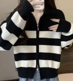 ストライプ柄ジップアップニット