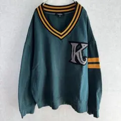 Doublefocus Vネック長袖スウェット　ワッペン　裏起毛　グリーン　XL