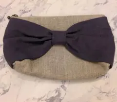 リボンデザイン ポーチ グレー ネイビー