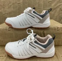 新品★レディース★23.0cm★撥水 幅広 ガム底 Fレザースニーカー 白 桃色