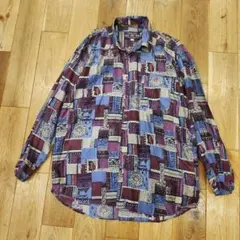 90s 高級素材 シルクシャツ 総柄シャツ アートシャツ 長袖シャツ 幾何学模様