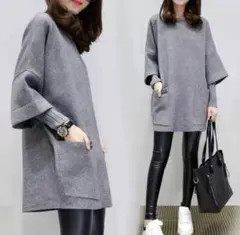 【4XL 】フェイク袖 チュニック ロング トップス ワンピース　体型カバー