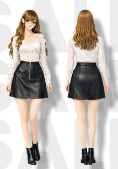 フロントジップ レザーミニスカートリングジップ フェイクレザーF
