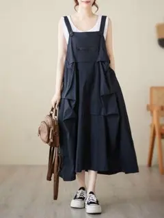 超人気商品 サロペットワンピース 無地 オシャレ ロング ノースリーブ 切り替