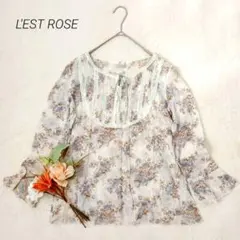 レストローズ　花柄シフォンブラウス　М　白　透け感　ベロア調リボン　春服　レトロのサムネイル
