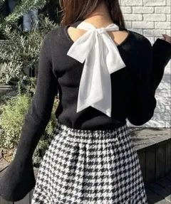 バックリボン ニット トップス 異素材リボン／後ろ開きデザイン／きれいめ