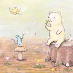 自作絵画　タンポポの季節　猫とネズミと小鳥の絵