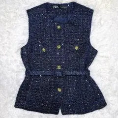 美品 ZARA ザラ テクスチャーベスト ツイード スパンコール