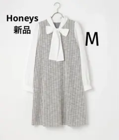 新品 ロリータ 推し活 ガーリー レイヤード風 ボウタイワンピース シアー袖 L