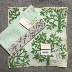 ２枚 新品 ポール&ジョー 猫 ハンドタオル 白猫 グリーン