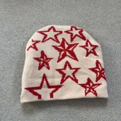 星柄ニット帽 ベージュ/赤