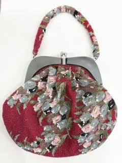 【昭和レトロ】花柄 ビーズ刺繍 がま口 ハンドバッグ
