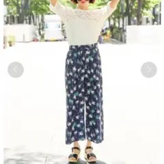 LOWRYS FARM レディース ヤシの木 ワイドパンツ　裏地付き　ネイビー