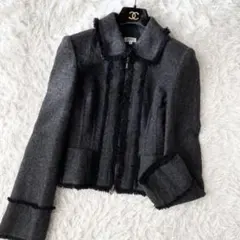 美品✨FOXEY カシミヤ混 ジップフリンジジャケット チャコールグレー 
