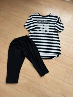 部屋着　ルームウェア　パジャマ　7分袖　140cm 黒　ボーダー