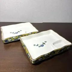 未使用品 九谷焼 九谷秀峰 黄色 花鳥 角皿 仕切り 刺身皿 2客のサムネイル
