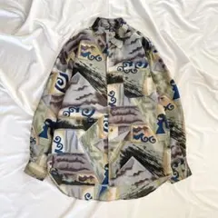 ELSPIA 総柄 シルクシャツ L アートデザイン 長袖