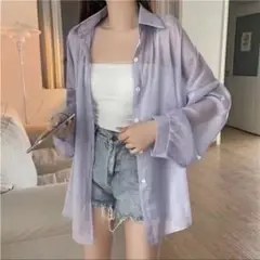 シアーシャツ　パープル　UVカット　サマー　こなれ感　フリーサイズ