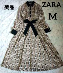 美品✨️ZARA ザラ 総柄 長袖 ワンピース ロング 幾何学模様　ベルト