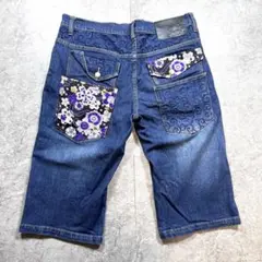 archive【雅結】刺繍ハーフデニムパンツ(XL)和柄　着物　波　桜　短パン◎
