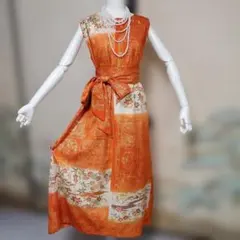 C966.着物リメイク、金糸、金箔入りオレンジ花柄パッチワークロングドレス