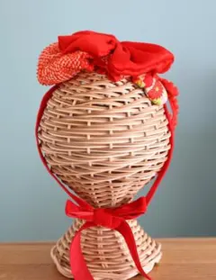 七五三ヘッドドレス髪飾り　顎紐　チュール被布　アンティーク　着物リメイク　赤