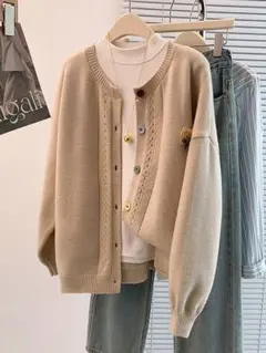 全4色 ニットカーディガン カジュアル アウター セーター 綺麗め 丸襟