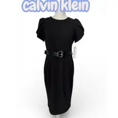 【新品】Calvin Klein 黒 ひざ丈ワンピース 半袖 ベルト付き　L