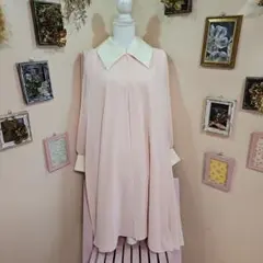 東京ソワール ビンテージ シフォンのピンク 襟付き Aライン ロングワンピース