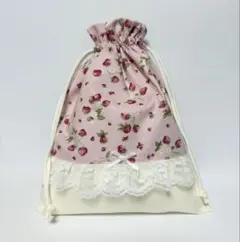 いちご柄フリルレースの巾着袋 ハンドメイド 給食袋