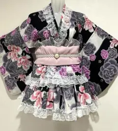 浴衣ドレス 姫ギャル 地雷 量産 平成 花柄 レース かわいい 黒 ピンク3