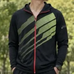 asics ロゴプリント フード付 ジャージパーカー M ブラック ランニングのサムネイル
