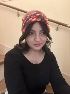 ニット帽 赤・緑・白 ストライプ