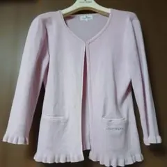 courreges38美品ピンク～薄紫 リブ編みカーディガン可愛い袖口裾のフリル
