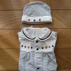 ストライプロンパースと帽子セット 50-60cm