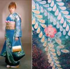 長尺袋帯付き フルセット 正絹振袖 ブルーラメ入り金彩辻ヶ花 成人式 に最適