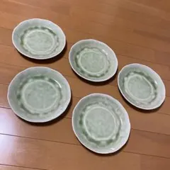 【未使用】和食器 緑釉 貫入 変形中皿 5枚セット（直径19cm 取り皿/深皿）のサムネイル