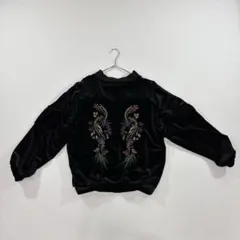 ブルゾン ジャンパー 光沢 フリル 刺繡 花柄 鳥 蝶々 M 黒 美品のサムネイル