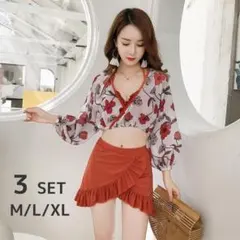 大幅値下げ!!新品★  LL 水着 3点セット フラワー 【送料無料】