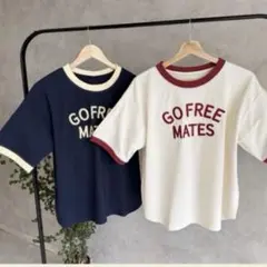 しまむらおなつロゴ刺繍リンガーTシャツ　M ネイビー