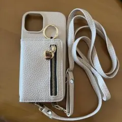 ライトベージュ レザー風 iPhone15ケース ストラップ付き スマホケース